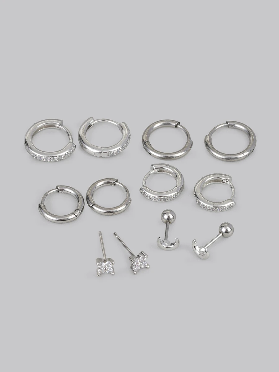 DareSee 6对精致月亮耳钉耳环套装，银色不锈钢低过敏性耳环，镶嵌小巧锆石花朵，适合耳垂、耳骨、耳廓等多个穿孔部位，是送给女性的礼物，也是音乐节的理想之选 - Silver-1# - 查看 1