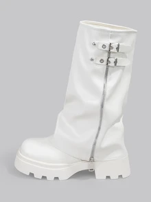 DareSee Vintage Western Cowboy Boots For Women, Thick Bottom Platform Mid-Calf Boots With Zipper, Knight Boots With Belt Buckle, Round Toe Chunky Heel Riding Boots Gifts - Beige - View 3