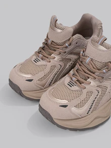 DareSee 女士银色厚底运动鞋，2025春季新款时尚轻便厚底多功能网面透气休闲运动鞋，圣诞礼物 - 米色 - 查看 4