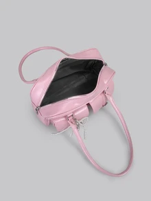 DareSee 女士复古纯色PU皮革单肩包，多口袋大容量，附赠可拆卸饰品挂饰，粉色音乐节 - 粉色 - 查看 6