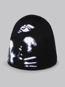 DareSee 街头风单件女士提花针织帽，带灵魂图案，适合日常佩戴，秋冬季圣诞节礼物 - 黑與白 - 查看 1