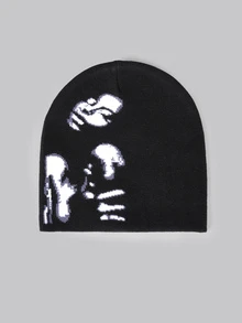 DareSee 街头风单件女士提花针织帽，带灵魂图案，适合日常佩戴，秋冬季圣诞节礼物 - 黑與白 - 查看 2