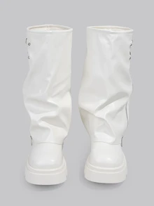 DareSee Vintage Western Cowboy Boots For Women, Thick Bottom Platform Mid-Calf Boots With Zipper, Knight Boots With Belt Buckle, Round Toe Chunky Heel Riding Boots Gifts - Beige - View 2