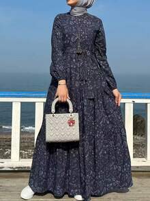 女士藏蓝色碎花长袖连衣裙，配腰带 - 深藍色 - 查看 2