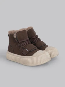DareSee 2025 Winter New High-Top Shoes For Women, Plush Lining Thick Soles Casual Sneakers, Versatile, Ins Style, Brown & Black Leather Short Boots, Snow Boots Gifts Music Fest - Brown - View 2