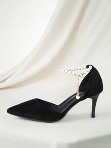 Clariva 秋冬款黑色丝绒新娘婚鞋，新款旗袍/长袍/婚纱两穿珍珠高跟鞋，优雅，派对圣诞礼物 - 黑色 - 查看 2