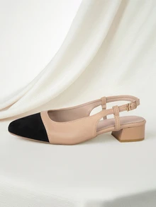 Clariva 秋冬女士方头麂皮绑带粗跟时尚乐福鞋，黑色高跟鞋，2024英伦风，优雅圣诞礼物 - 杏色 - 查看 3