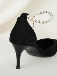 Clariva 秋冬款黑色丝绒新娘婚鞋，新款旗袍/长袍/婚纱两穿珍珠高跟鞋，优雅，派对圣诞礼物 - 黑色 - 查看 3