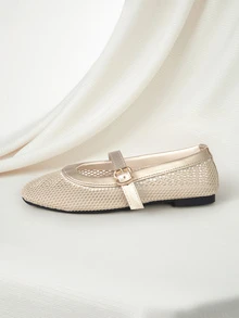 Clariva Fall/Winter Women's 2025 New Flat Mary Jane Shoes With Strap, Net Mesh Fairy Style Loafers, Round Toe Versatile Breathable Flats,Ballet Gifts - Apricot - View 2