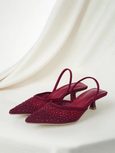 Clariva 女士水钻装饰小猫跟尖头镂空套脚凉鞋，时尚优雅的派对和正式场合低跟鞋，圣诞礼物