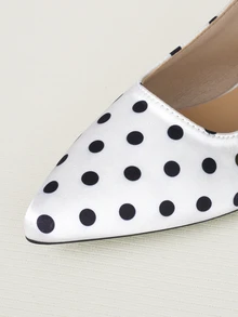 Clariva 真丝波点粗跟尖头高跟鞋，新款黑色春夏法式复古蝴蝶结露跟玛丽珍鞋，圣诞礼物 - 白色 - 查看 3
