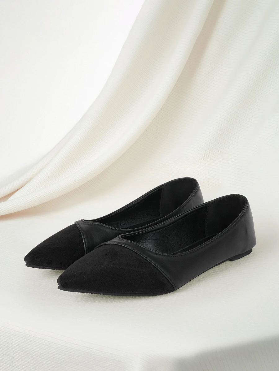 Clariva 春秋新款时尚女式尖头PU绒面拼接平底鞋，舒适防滑休闲鞋，适合办公室、派对、购物、学生穿着，优雅圣诞礼物之选 - 黑色 - 查看 1