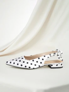 Clariva 真丝波点粗跟尖头高跟鞋，新款黑色春夏法式复古蝴蝶结露跟玛丽珍鞋，圣诞礼物 - 白色 - 查看 6