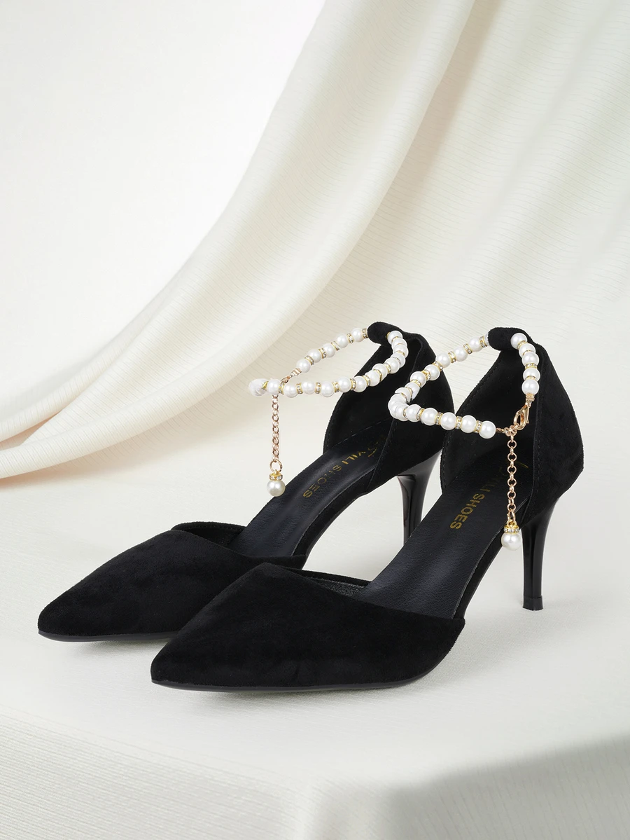 Clariva 秋冬款黑色丝绒新娘婚鞋，新款旗袍/长袍/婚纱两穿珍珠高跟鞋，优雅，派对圣诞礼物 - 黑色 - 查看 1