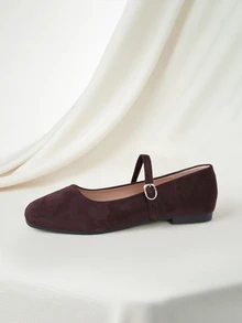 Clariva Giày bệt mũi vuông nhung Mary Jane, quà tặng Giáng sinh màu cà phê - Màu nâu - Xem 5