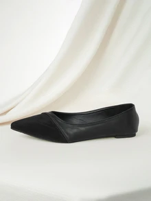 Clariva 春秋新款时尚女式尖头PU绒面拼接平底鞋，舒适防滑休闲鞋，适合办公室、派对、购物、学生穿着，优雅圣诞礼物之选 - 黑色 - 查看 5