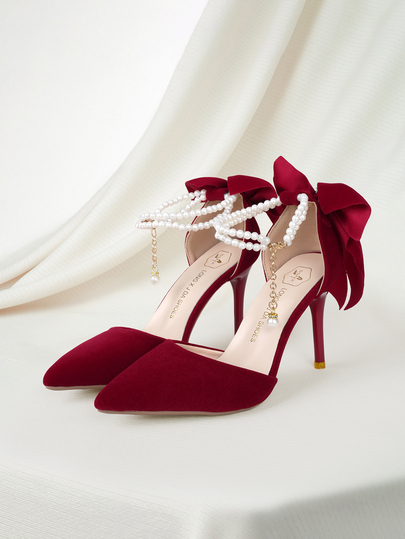 Clariva Scarpe da sposa in velluto rosso per l'autunno/inverno, nuovi tacchi alti da sposa con fiocco e perle adatti per qipao/cheongsam, eleganti regali di Natale e San Valentino