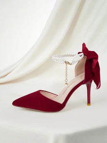 Clariva 秋冬款丝绒红色婚鞋，新款旗袍两穿蝴蝶结珍珠新娘高跟鞋，情人节/优雅圣诞礼物 - 紅色 - 查看 3