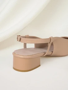 Clariva 秋冬女士方头麂皮绑带粗跟时尚乐福鞋，黑色高跟鞋，2024英伦风，优雅圣诞礼物 - 杏色 - 查看 4