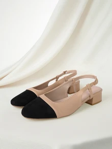 Clariva 秋冬女士方头麂皮绑带粗跟时尚乐福鞋，黑色高跟鞋，2024英伦风，优雅圣诞礼物 - 杏色 - 查看 2