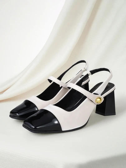 Clariva Vintage Square Toe French High Heel Sandals, Fashion Closed Toe High Heels, Sexy Elegant Mary Jane Shoes With Chunky Heel, Glossy Leather, Hook-And-Loop Closure, Suitable For Date, Bridesmaid, All Season Gifts