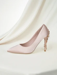 Clariva Fall/Winter Europe And America Style Luxury Women Shoes, Sexy High Heels For Wedding, Pointed Toe Satin Stilettos With Metal Flower Decoration,Elegant,Party Gifts - Champagne - View 5