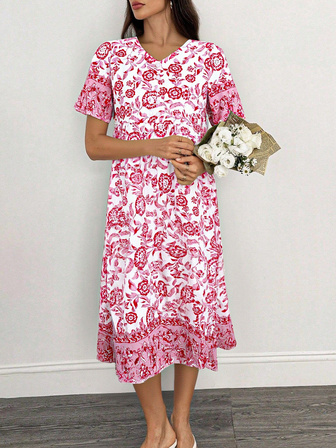 (非定位印花)优雅通勤长款花卉扎染印花大码宽松百搭女士连衣裙