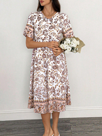 (非定位印花)优雅通勤长款花卉扎染印花大码宽松百搭女士连衣裙