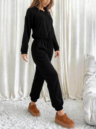 2025秋冬新款女装时尚纯色宽松拉链立领连帽衫和休闲两件套