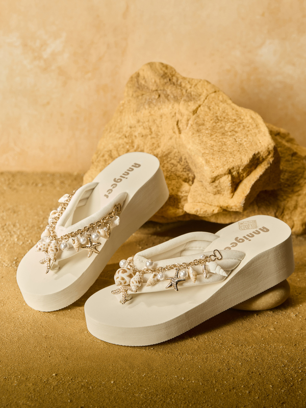 Tropiscape Women EVA Platform Wedge Slip-On Sandals, Bohemian Style Shell Chain Decor Beach Holiday Flip Flops, Spring/Summer