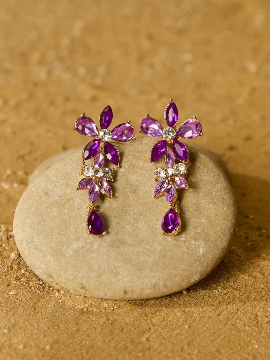 Tropiscape 1对时尚几何彩色钻石长款宫廷风复古花卉吊坠耳环，女士夸张配饰，圣诞礼物 - 紫色 - 查看 1