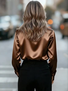 Áo sơ mi satin cỡ lớn dành cho nữ, kiểu dáng công sở thanh lịch với cổ ve áo, thích hợp cho cả đi làm và đi chơi, phù hợp cho mùa thu, đông, xuân và hè. - Rỉ Nâu - Xem 3