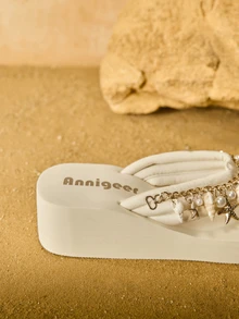 Tropiscape Dép xỏ ngón đế xuồng EVA cho nữ, phong cách Bohemian, trang trí xích vỏ sò, đi biển, xuân/hè - Màu be - Xem 5