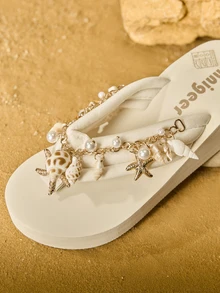 Tropiscape Dép xỏ ngón đế xuồng EVA cho nữ, phong cách Bohemian, trang trí xích vỏ sò, đi biển, xuân/hè - Màu be - Xem 3