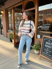 2025 秋冬女装新款休闲复古拼色宽松喇叭袖针织毛衣 基本款上衣、返校服、圣诞装、女士约会夜装、露肩毛衣、韩版、秋季女装、端庄女士、派对女士、Y2K 女士、外出上衣、音乐会女士、约会夜女士、休闲、新年、女士冬装、沙特国庆节、别致、乡村