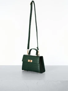 CHICVUE 迷你鳄鱼纹扭扣翻盖方形手提包/斜挎包/单肩包，简约休闲纯色，便携轻巧，配有可调节肩带，适合女性、职场新人及白领人士，也适合女孩和女士，是办公室、工作、商务、通勤的理想之选。动物纹印花女包，圣诞礼物佳品。 - 墨綠色 - 查看 5