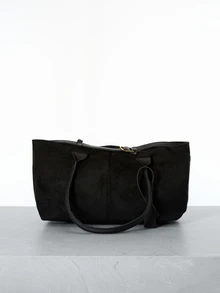 CHICVUE 1pc Black Strap Decor Large Capacity Faux Suede Patchwork Tote Bag, Women Shoulder Bag Gifts - Black - View 4