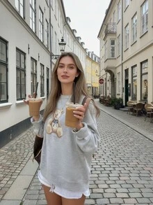 2025 Autumn/Winter New Fashion Casual Vintage Colorblock Cute Teddy Bear Graphic Knit Pullover Sweater, Women Animal Print Basic Tops, Going Out Tops, Fall Women Clothes, Korean Style, Modest Women, Party Women, Y2K Women, Tops For Going Out, Concert Women, Date Night Women