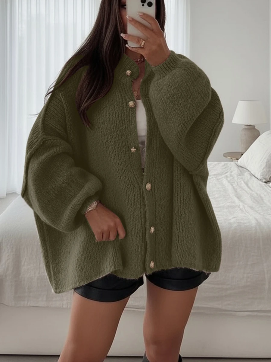 Joy Knit 女式秋冬毛衣，时尚新款 - 简约宽松针织开衫，带金属纽扣，长袖毛衣外套 - 軍綠色 - 查看 1