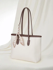 Clariva Fashionable Plain Color Scarf Decor PU Leather Tote Bag, Retro Minimalist Casual Shoulder Bag, Large Capacity Commuter Handbag Suitable For Women Gifts - White - View 2