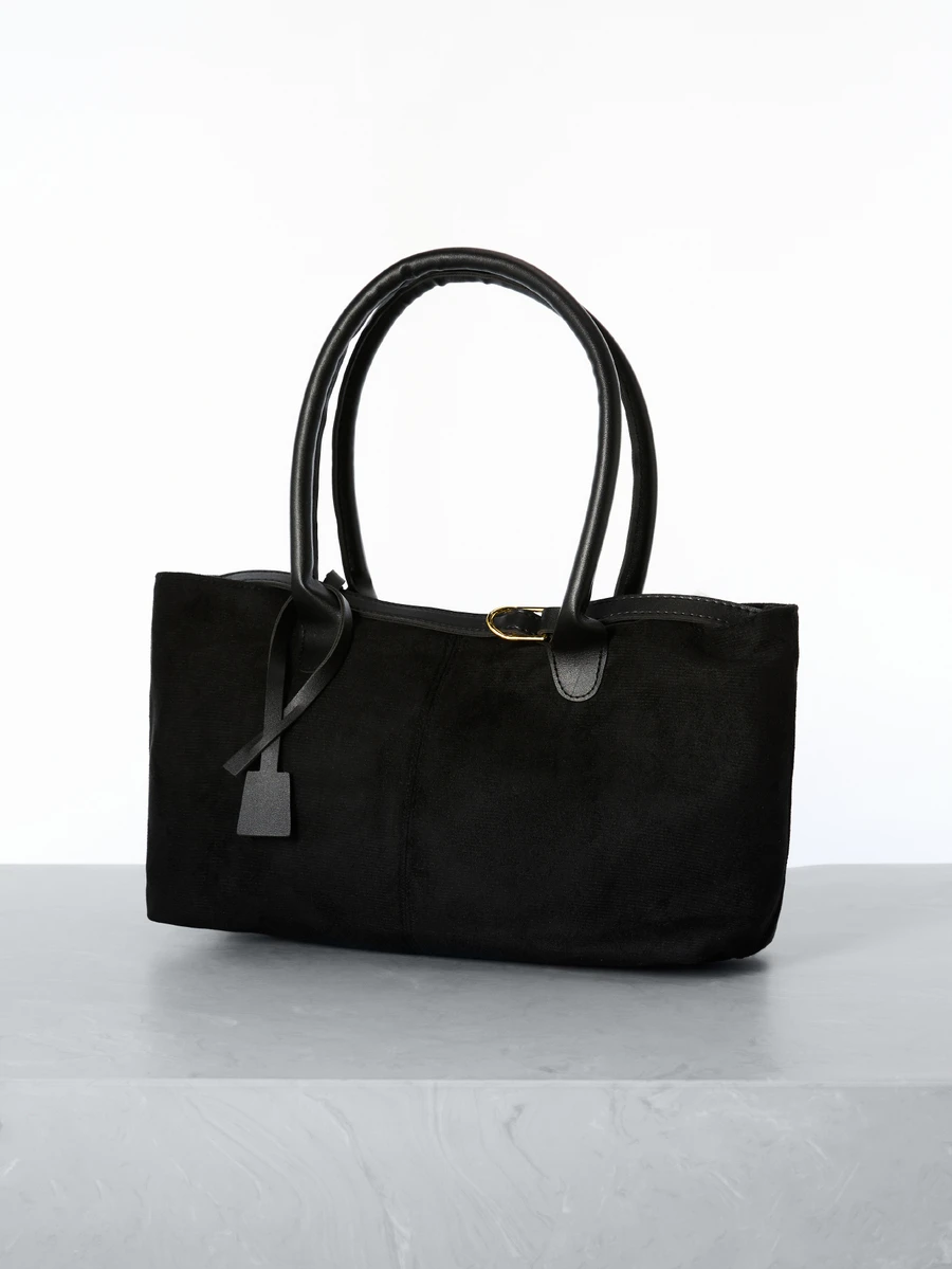 CHICVUE 1pc Black Strap Decor Large Capacity Faux Suede Patchwork Tote Bag, Women Shoulder Bag Gifts - Black - View 1
