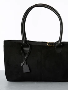 CHICVUE 1pc Black Strap Decor Large Capacity Faux Suede Patchwork Tote Bag, Women Shoulder Bag Gifts - Black - View 2