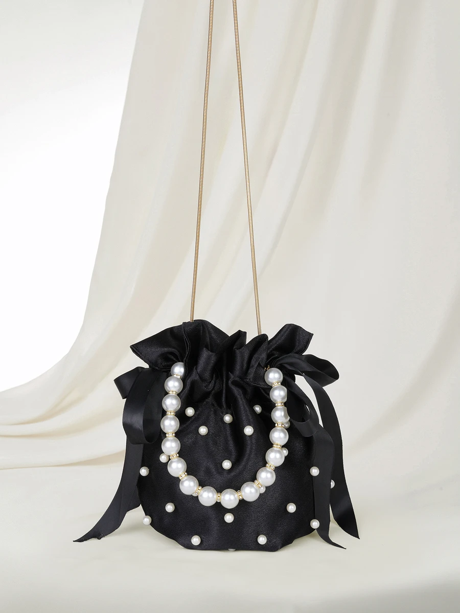 Clariva 1 pieza Bolso de hombro de mujer de nailon con decoración de perlas, bolso de cubo con cordón, un solo hombro y bandolera, regalo de Navidad - Negro - Ver 1