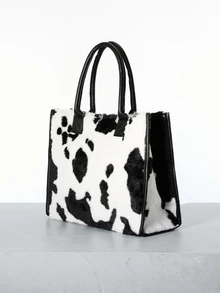 CHICVUE Simple Design Cow Pattern Women Soft Plush Shoulder Bags Winter Furry Ladies Purse Handbags Fashion Female Totes Bags Gifts - Black and White - View 1