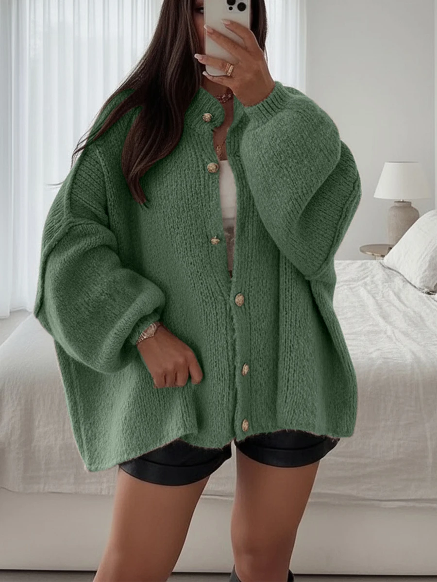 Joy Knit 女式秋冬毛衣，时尚新款 - 简约宽松针织开衫，带金属纽扣，长袖毛衣外套 - 綠色 - 查看 1
