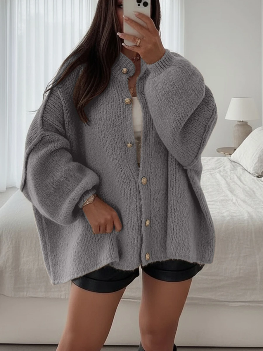 Pull d'automne/hiver pour femme Joy, nouveau style - Cardigan tricoté ample minimaliste avec boutons métalliques, pull à manches longues