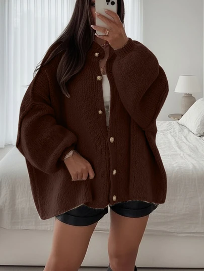 Pull d'automne/hiver pour femme Joy, nouveau style - Cardigan tricoté ample minimaliste avec boutons métalliques, pull à manches longues