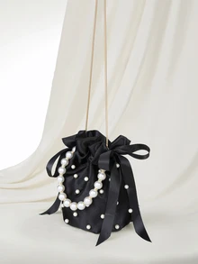Clariva 1 pieza Bolso de hombro de mujer de nailon con decoración de perlas, bolso de cubo con cordón, un solo hombro y bandolera, regalo de Navidad - Negro - Ver 4