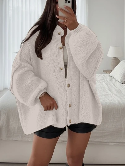 Freude Strick Damen Pullover für Herbst/Winter, moderner neuer Stil - Minimalistischer, locker sitzender Strickjacke mit Metallknöpfen, Langarm Strickmantel