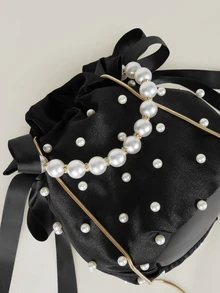 Clariva 1 pieza Bolso de hombro de mujer de nailon con decoración de perlas, bolso de cubo con cordón, un solo hombro y bandolera, regalo de Navidad - Negro - Ver 5